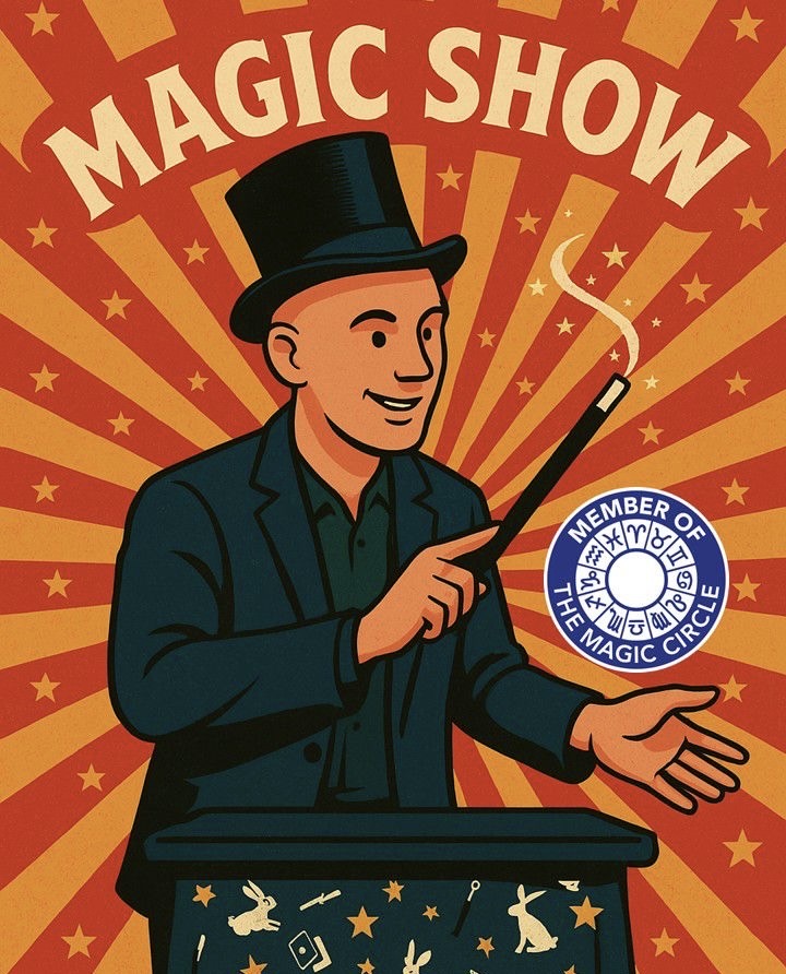 Pete Hare children's magician — vintage-style poster with top hat and wand, Member of The Magic Circle
